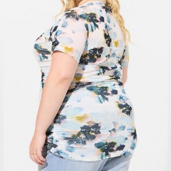 🆕 NWT Torrid 1 2 3 Watercolor Stretch Mesh Neck Ruched Top 14 16 18 20 22 24 - Picture 16 of 16